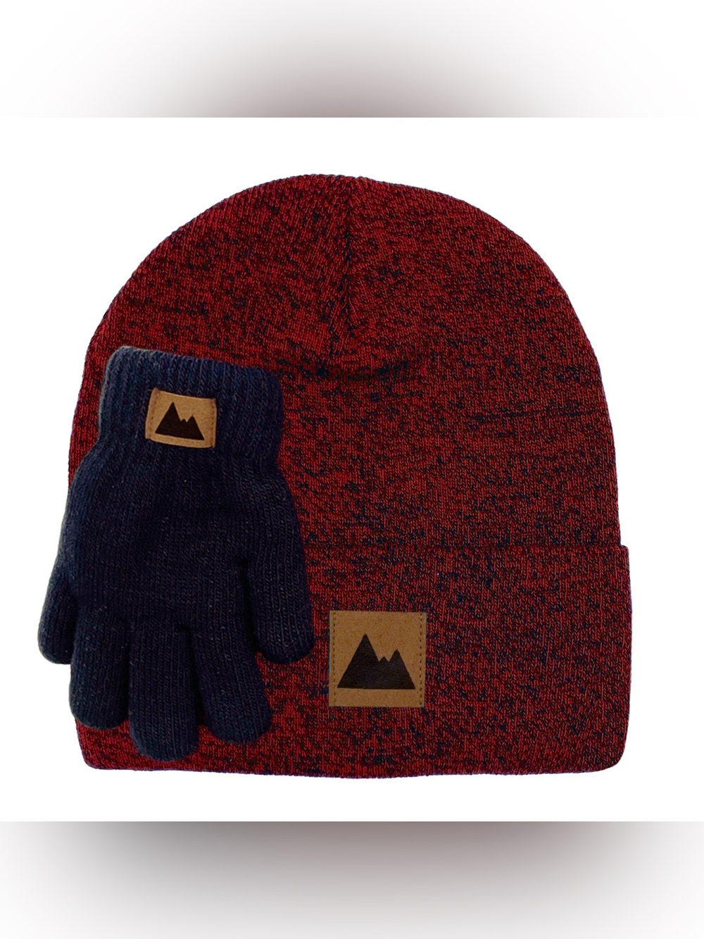 Kids Red Knit Beanie and Navy Gloves Set with Mountain Patch